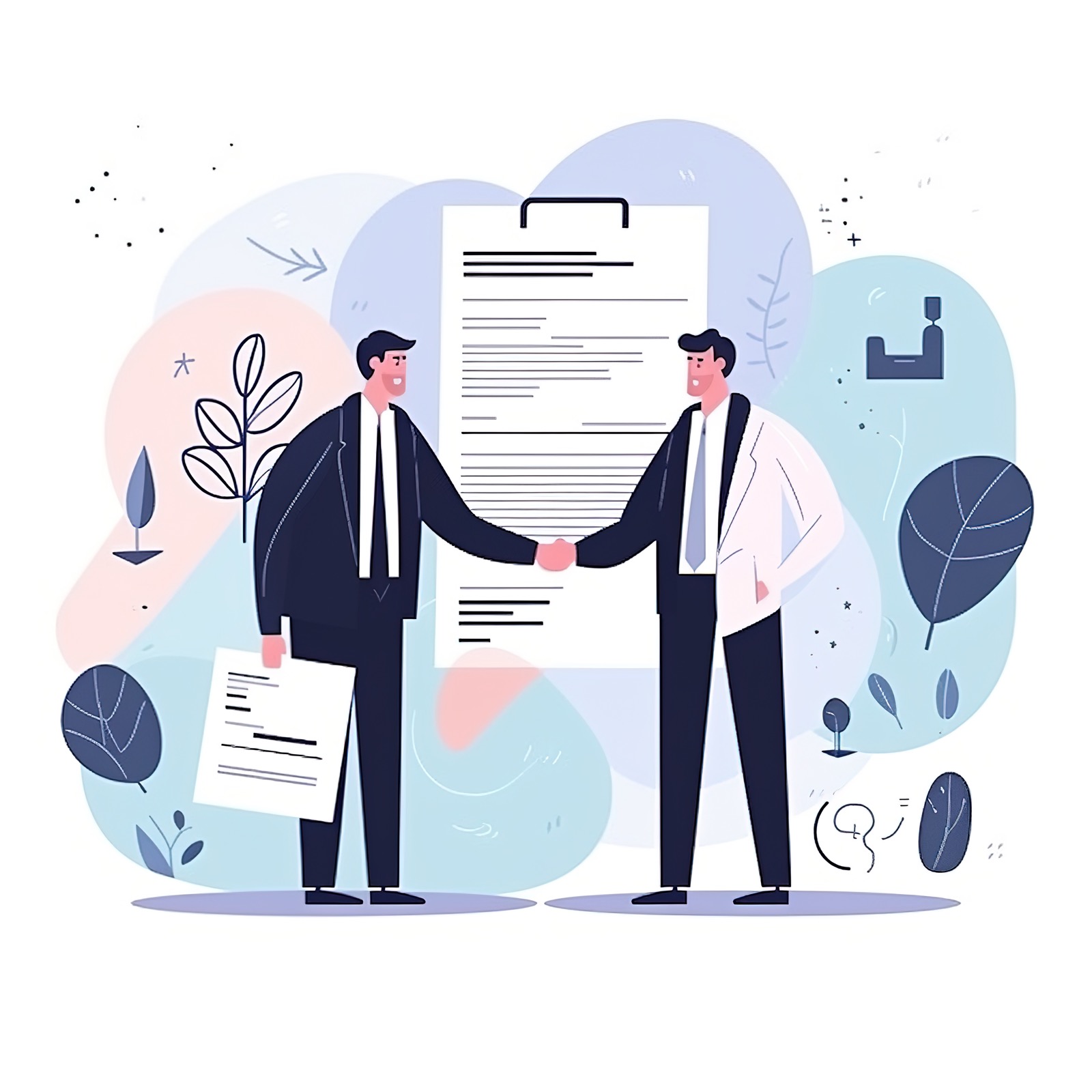 Illustration of two people shaking hands over a contract