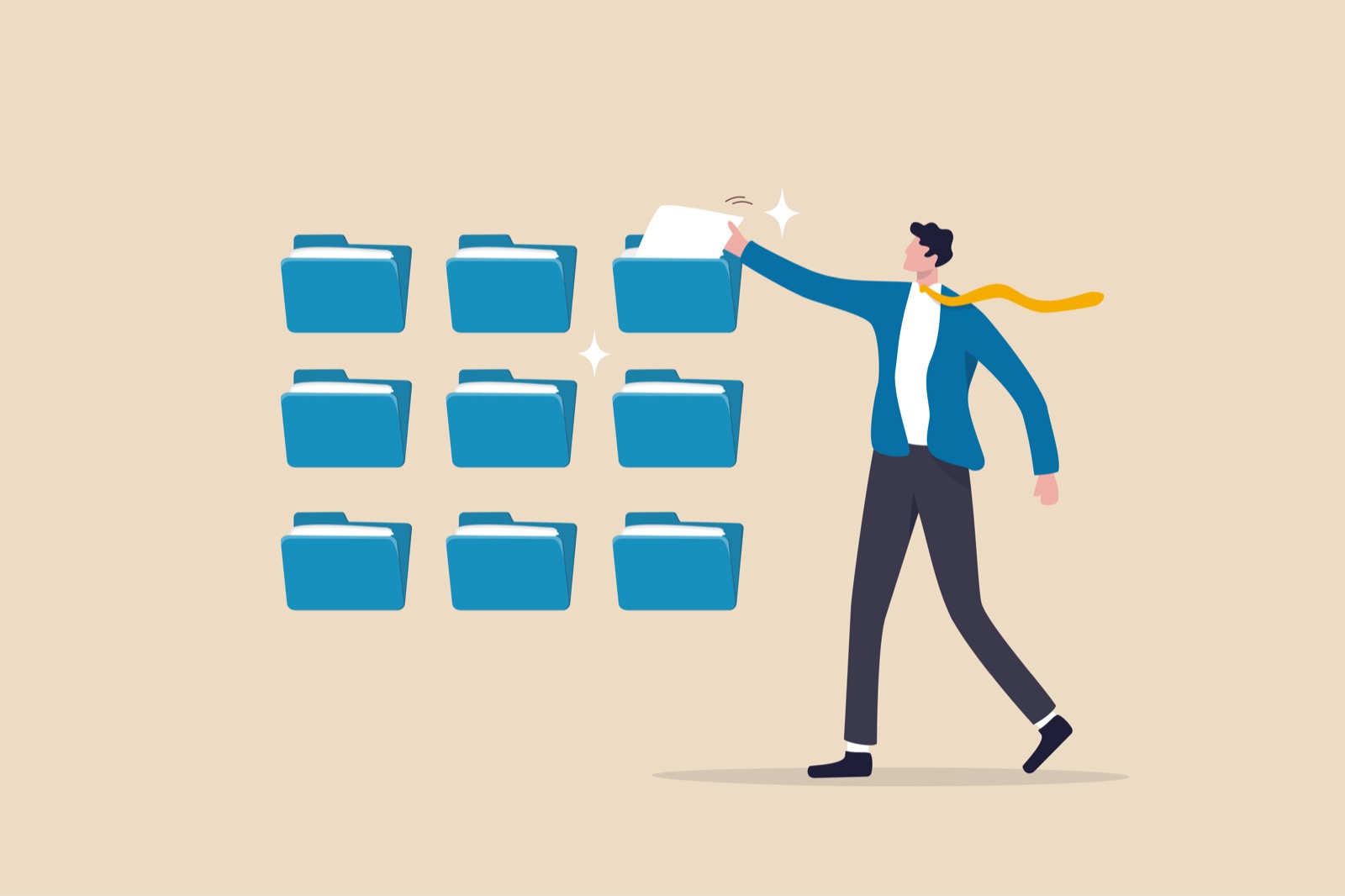 Organize files folder or archive document to be index, administration work, plan or file management, arrange online data or paperwork concept, businessman organize document file into archive folders.