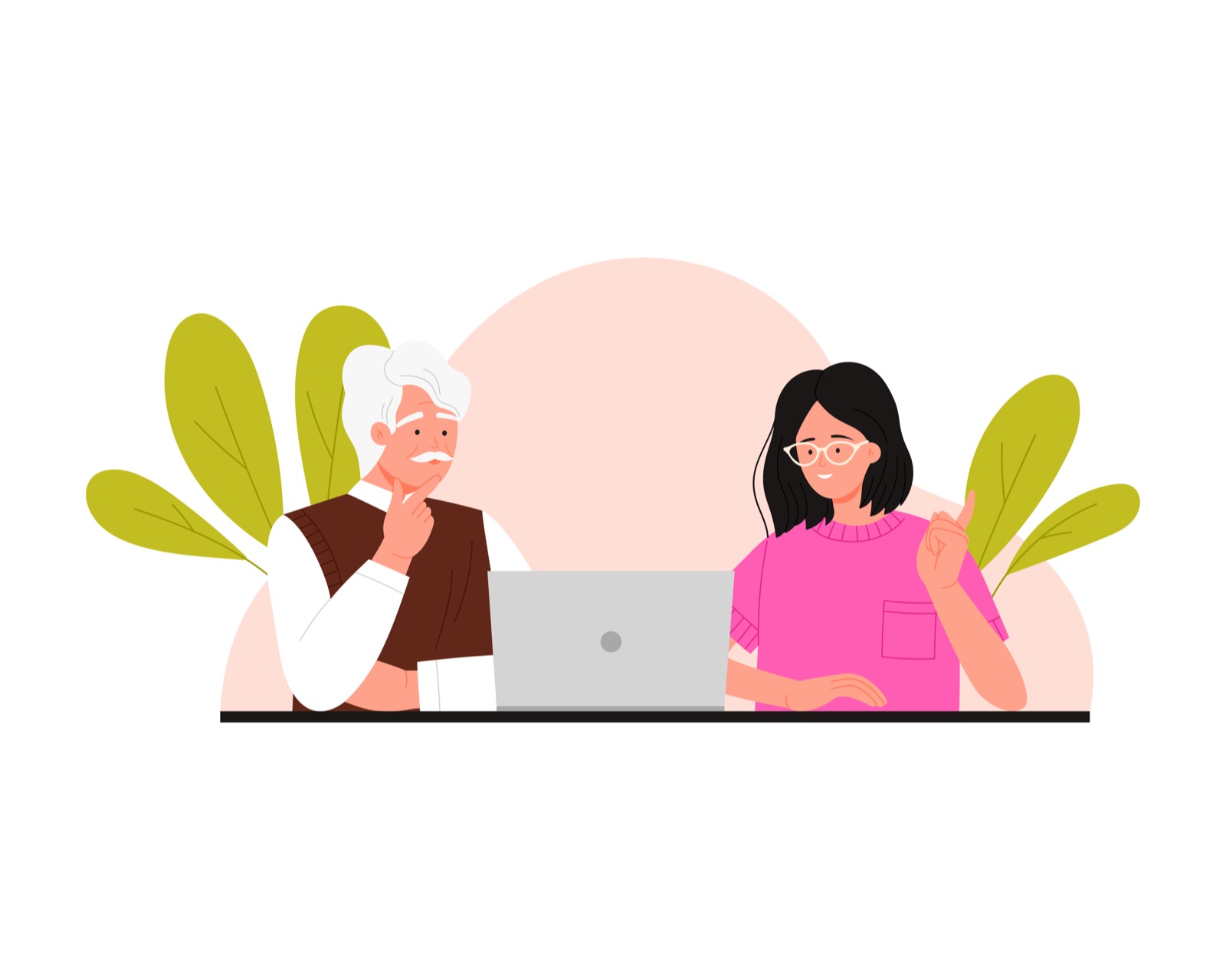 Granddaughter helping confused grandfather with mustache use laptop vector illustration
