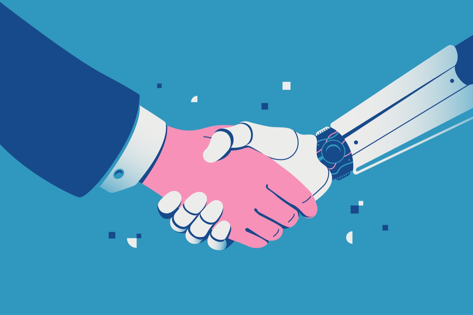 Handshake with a robot. Robot and businessman shaking hands. Collaboration between human and artificial intelligence. Robotization in business. Vector illustration.