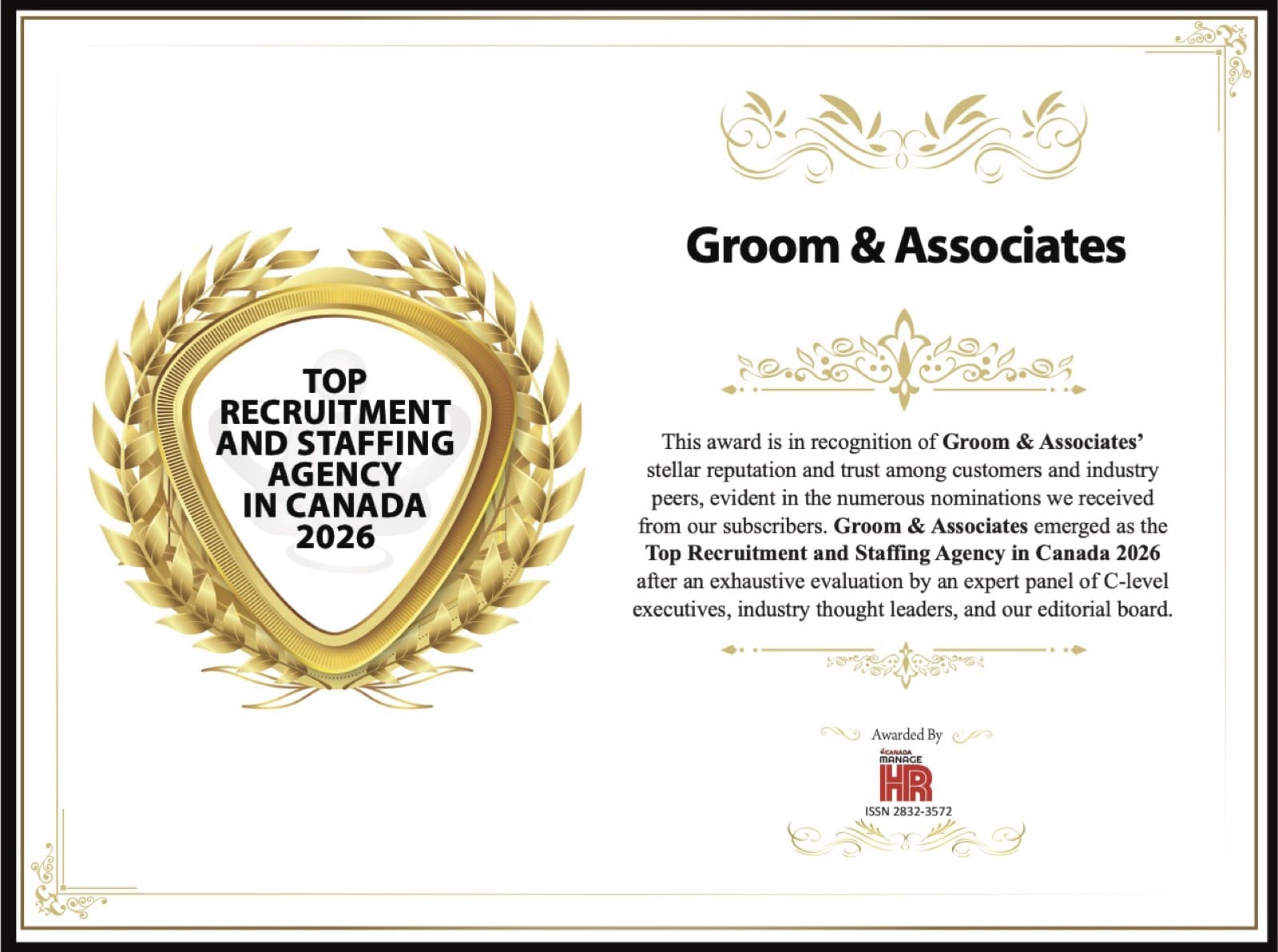 Groom Associates certificate - top recruiting agency in Canada