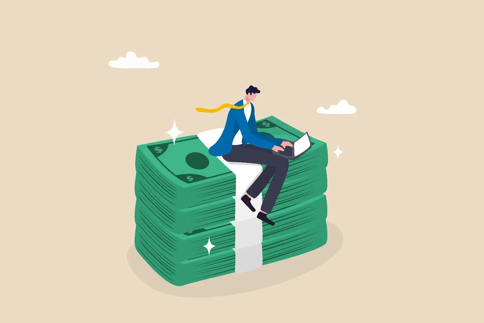 Person on computer sitting on stack of money